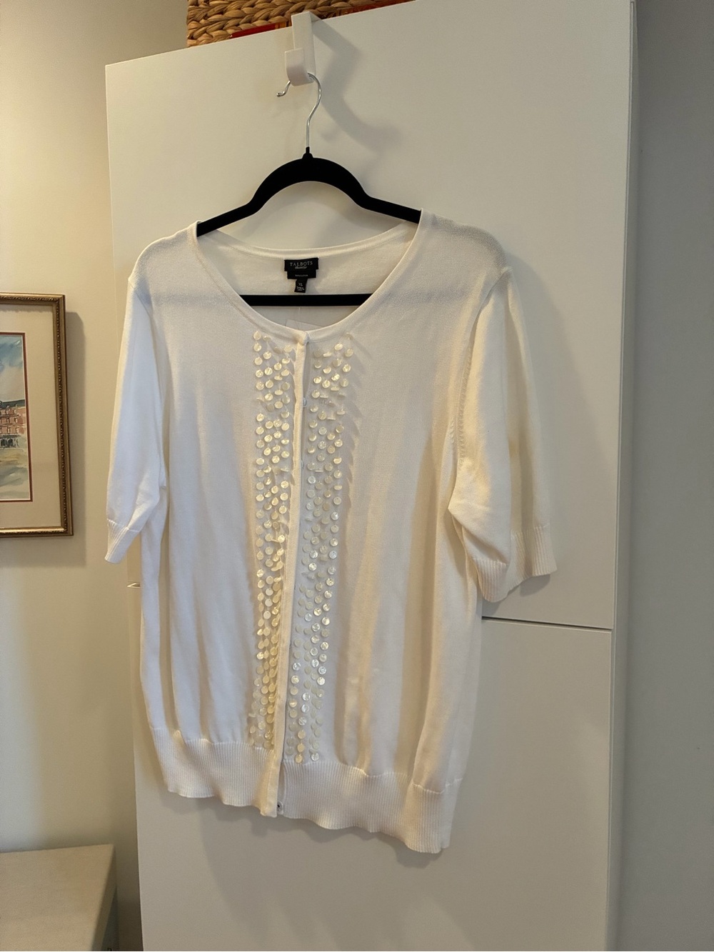 NWT Talbots White Short Sleeve Beaded-Front Sweater - Size XL